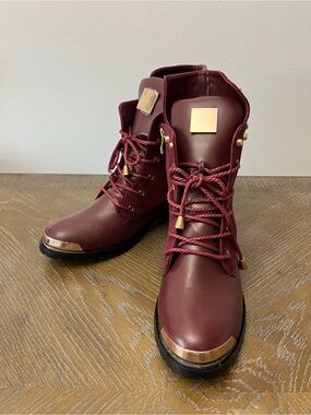 Women's 11 Burgundy Lace-Up Ankle Boots with Gold Trim